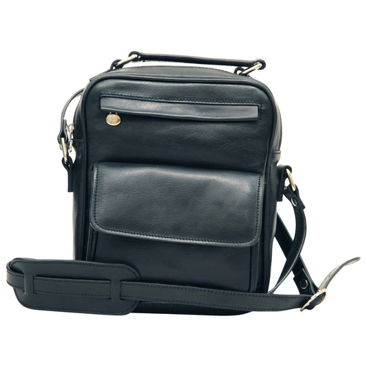 Leather Shoulder Bag with front pocket - Black-0