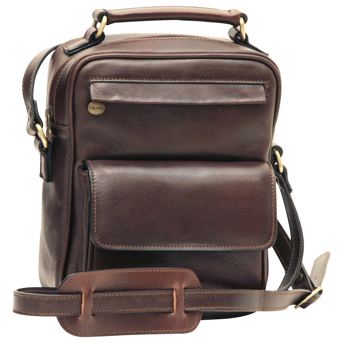 Leather Shoulder Bag with front pocket - Dark Brown-0