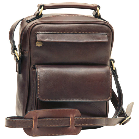Leather Shoulder Bag with front pocket - Dark Brown-0