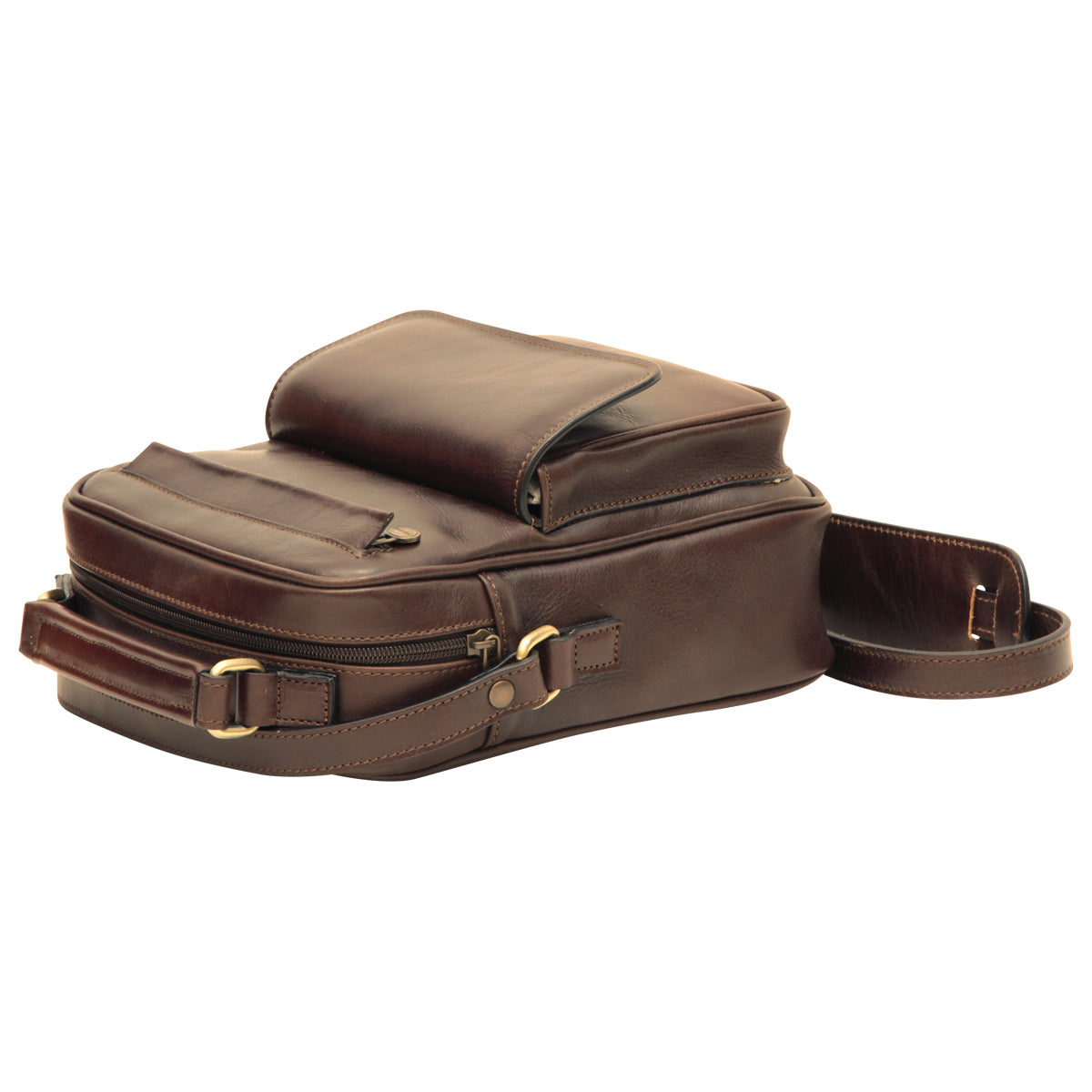 Leather Shoulder Bag with front pocket - Dark Brown-1