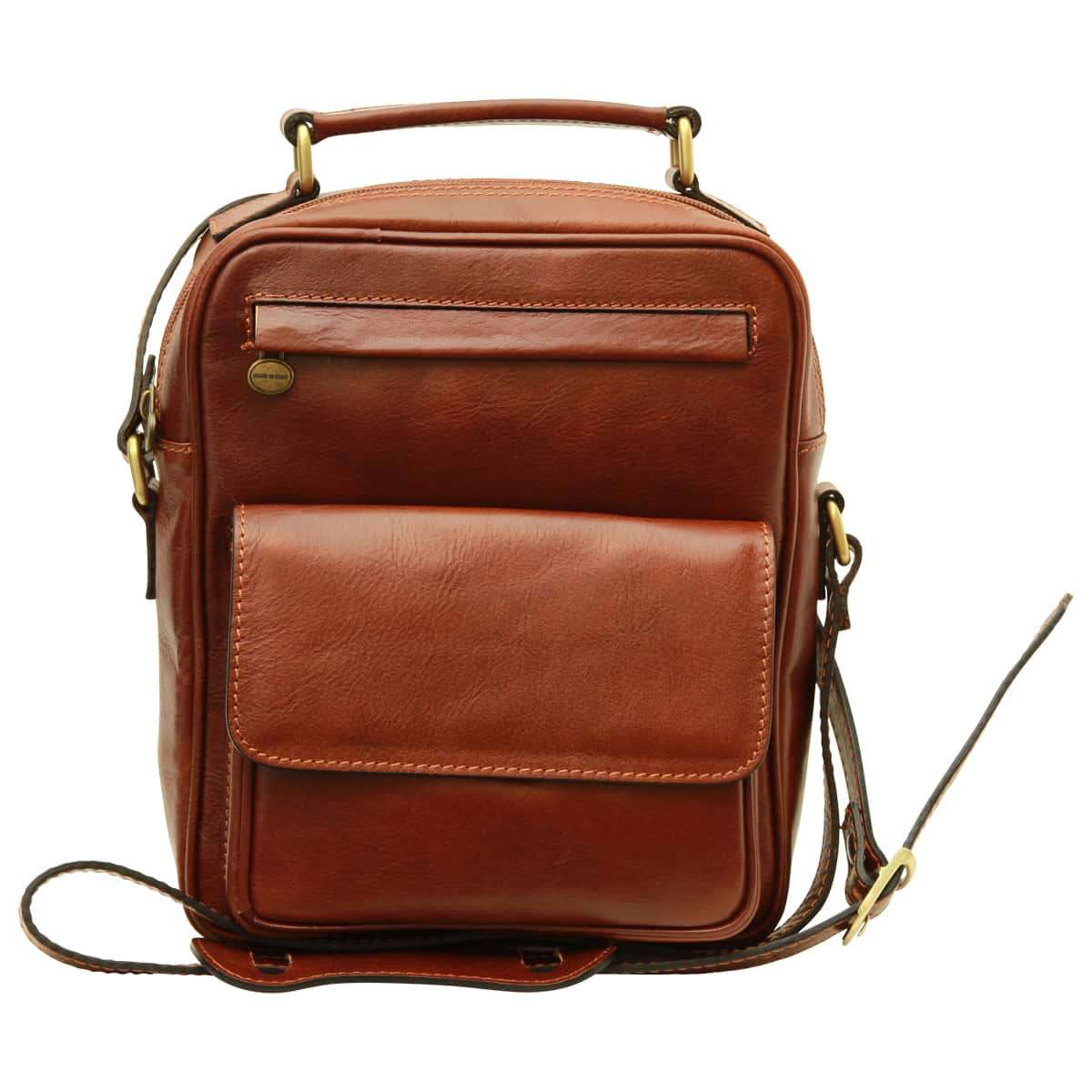 Leather Shoulder Bag with front pocket - Brown-0