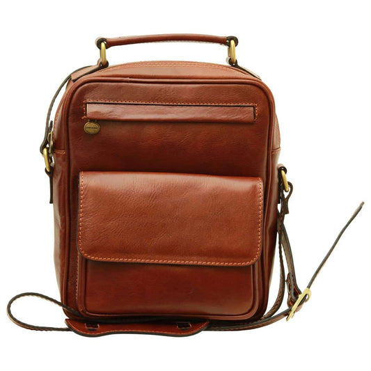 Leather Shoulder Bag with front pocket - Brown-0