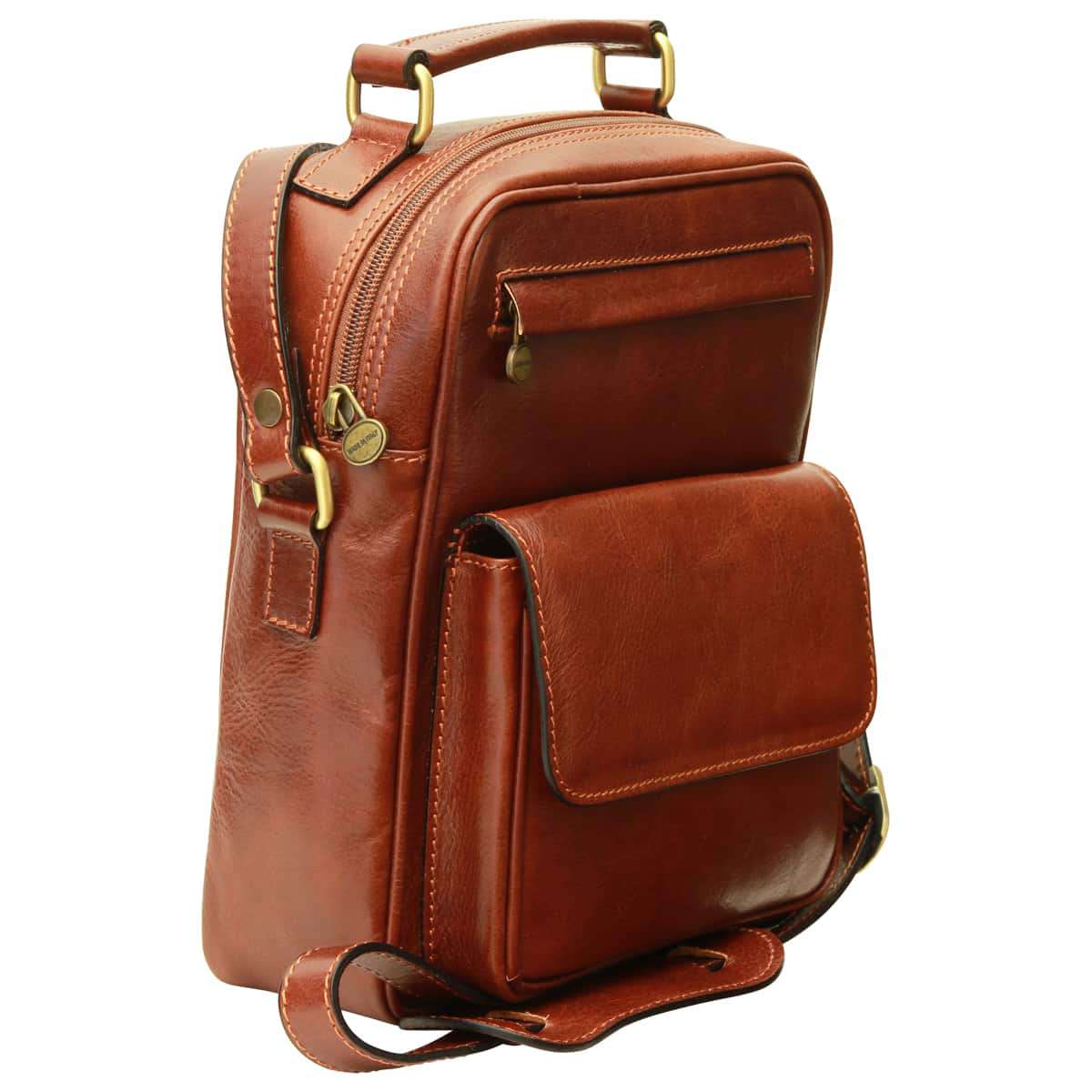 Leather Shoulder Bag with front pocket - Brown-1