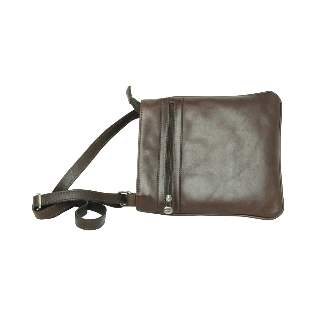 Leather Cross Body Bag with zip pocket - Brown-1