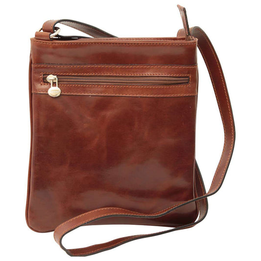 Leather Cross Body Bag with zip pocket - Brown-0