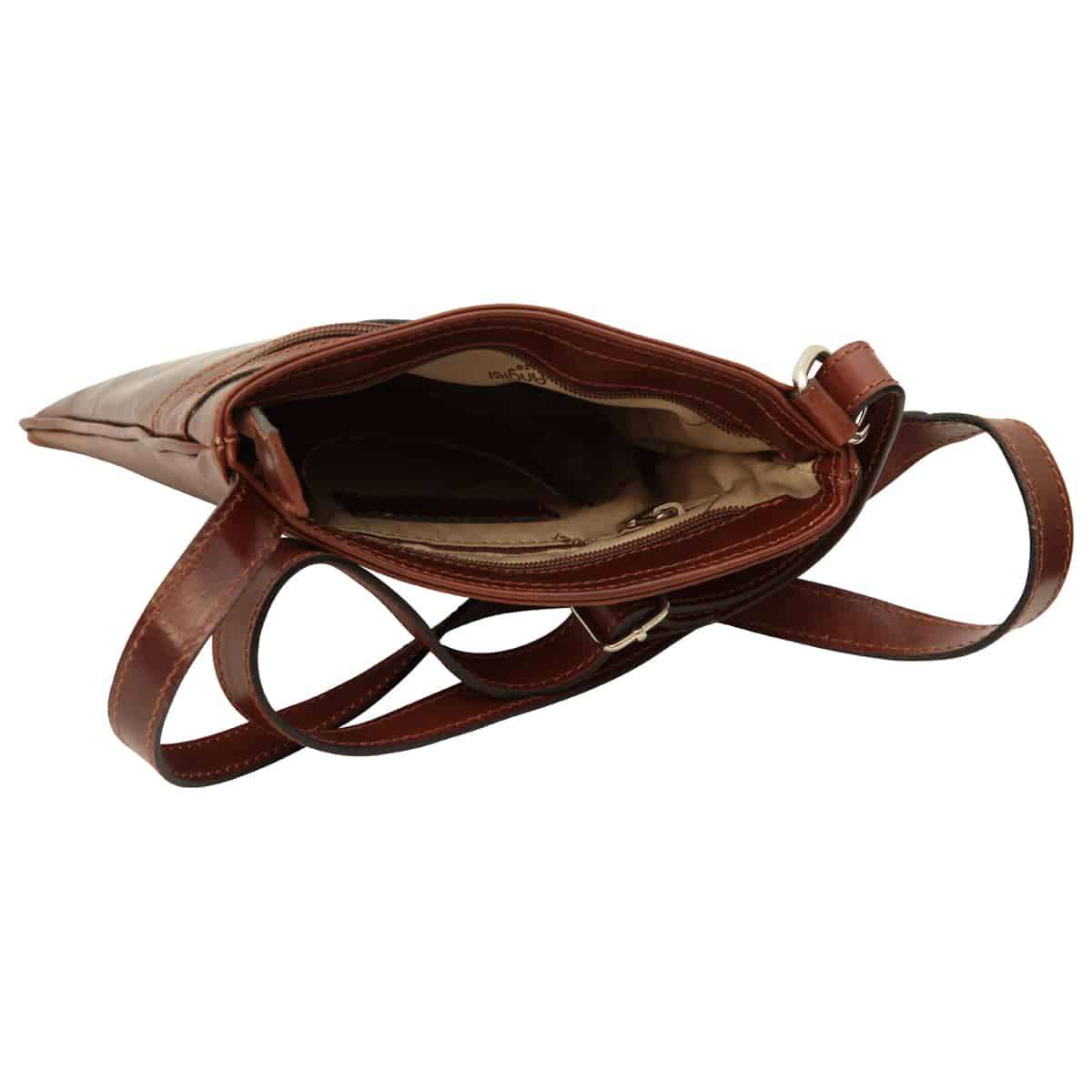 Leather Cross Body Bag with zip pocket - Brown-1