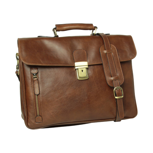 Oiled Calfskin Leather Briefcase with shoulder strap - Chestnut-0