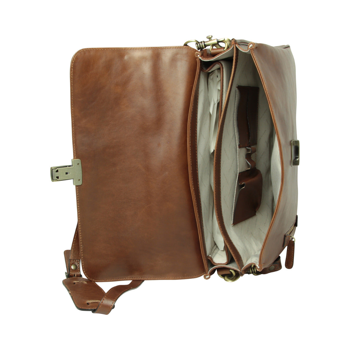Oiled Calfskin Leather Briefcase with shoulder strap - Chestnut-1