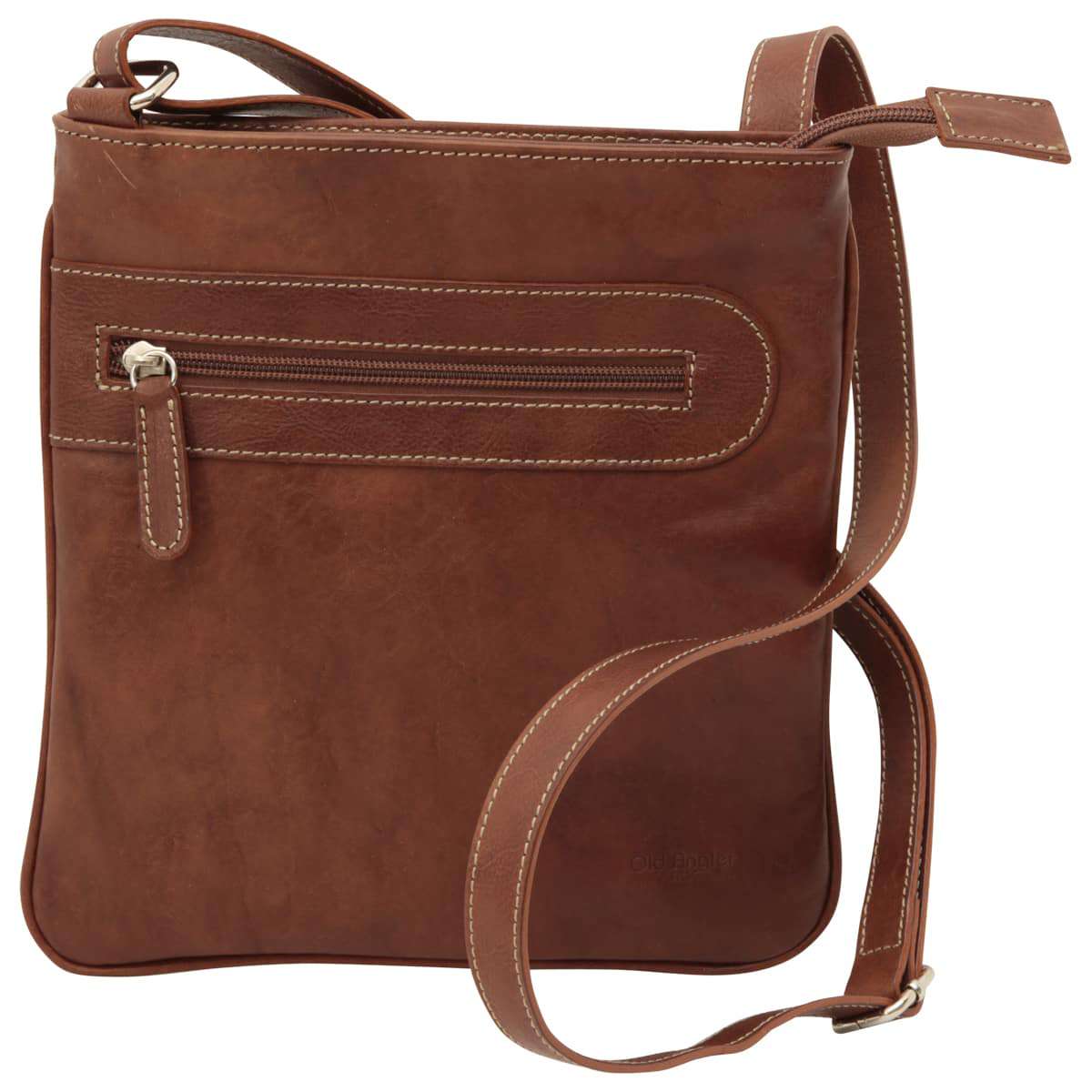 Leather cross body bag with zip pocket - Chestnut-0