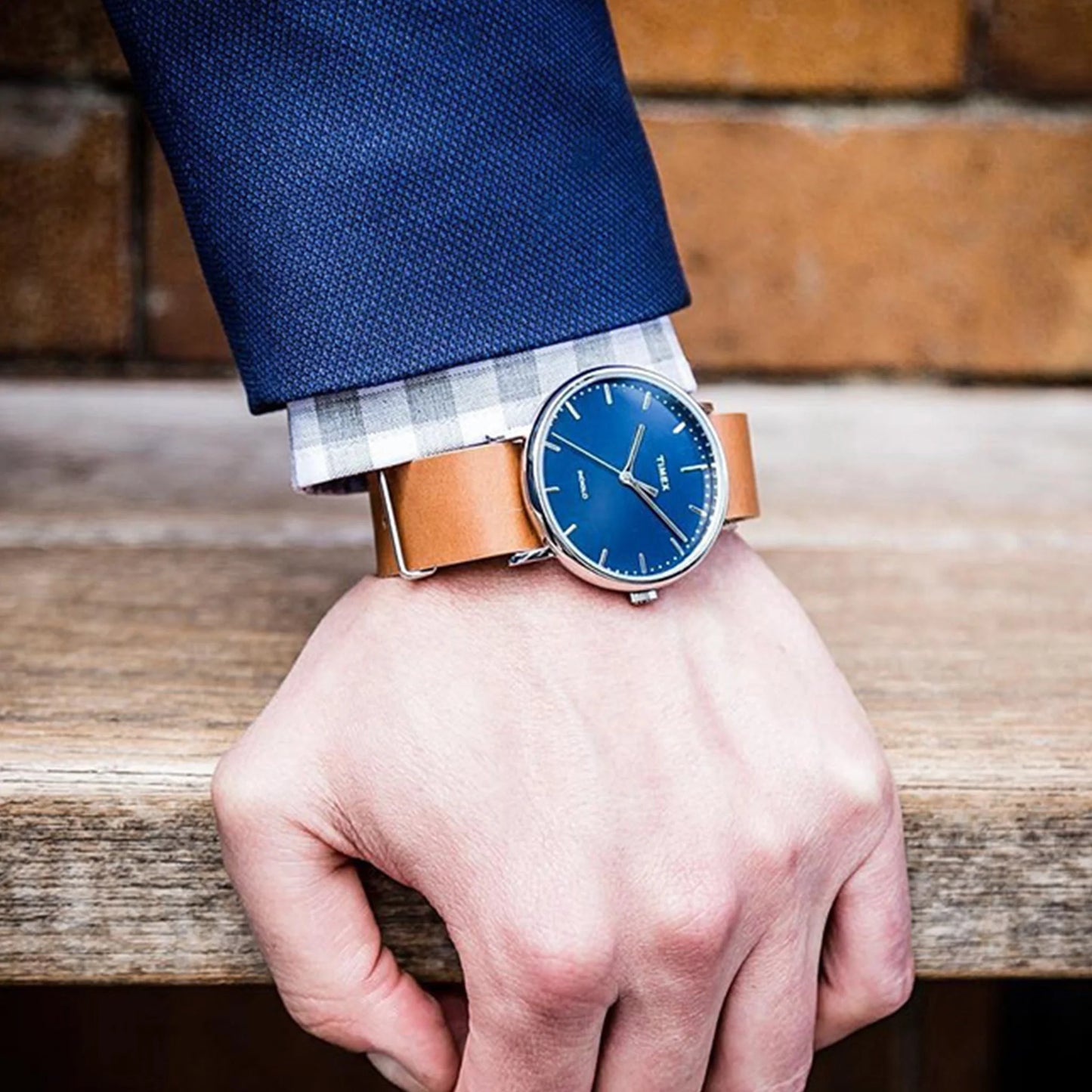 Timex Men's Brass Watch, Blue Dial, Tan Leather | TW2P97800-4