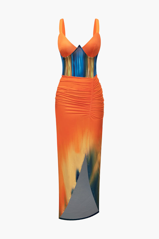 Tie-dye print maxi dress with V-neck and ruffles-0
