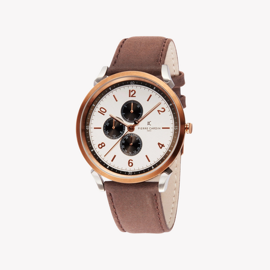 Pierre Cardin Men's Silver & Rose Gold Watch, Brown Leather | CPI.2022-0