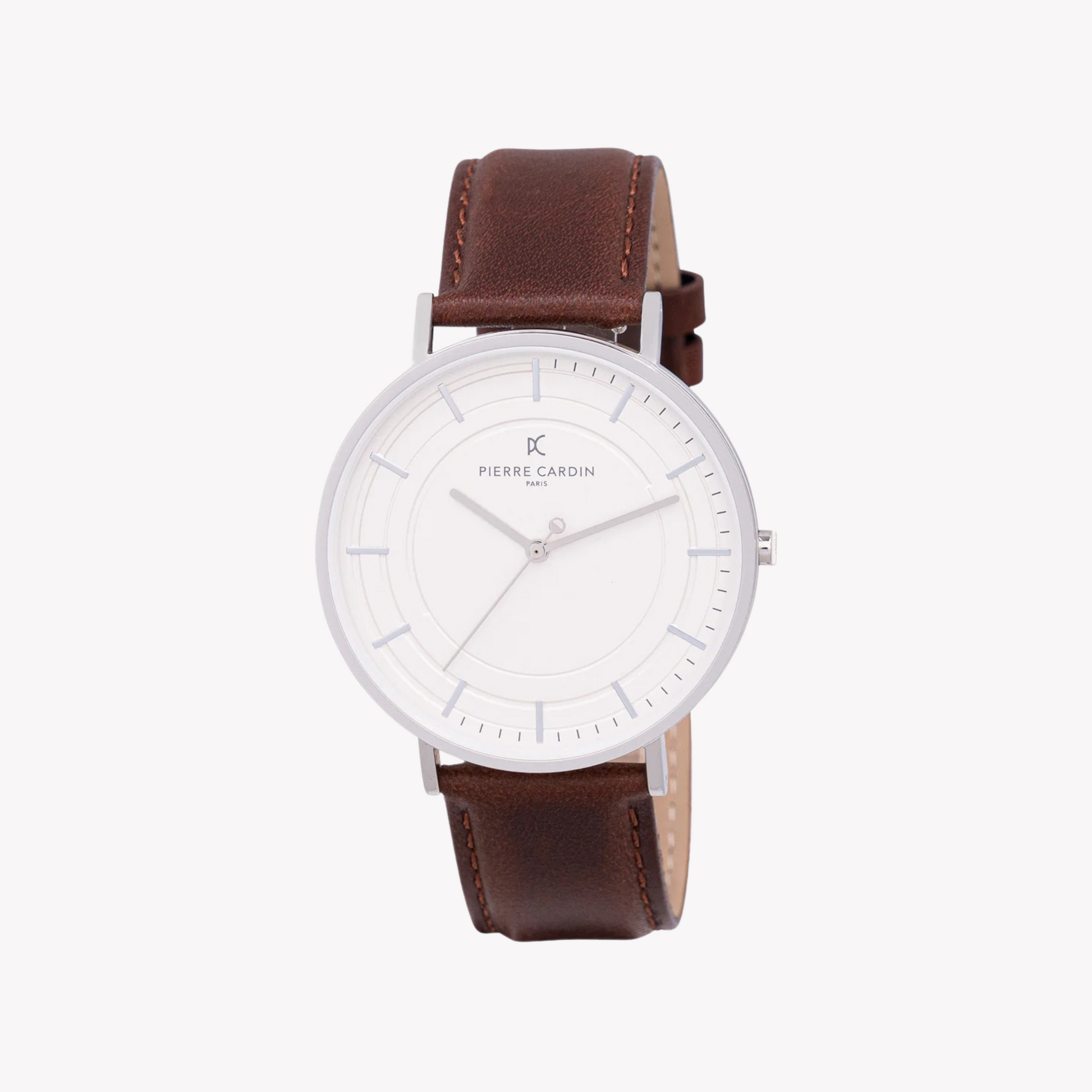 Pierre Cardin Men's Silver Watch, Brown Leather Band | CBN.3031-0