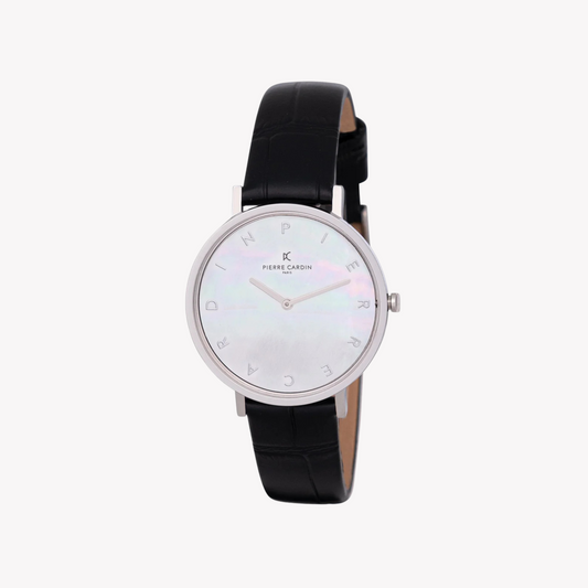 Pierre Cardin Women's Silver Watch, Black Leather Band | CBV.1128-0