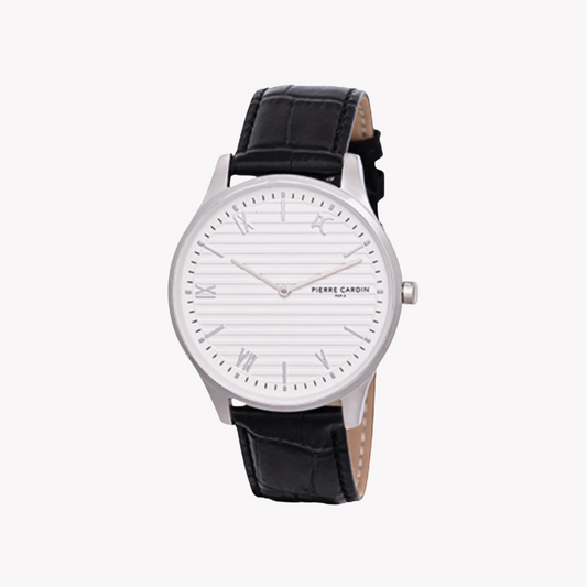 Pierre Cardin Men's Silver Metal Watch, Black Leather Band | CBA.4016-0