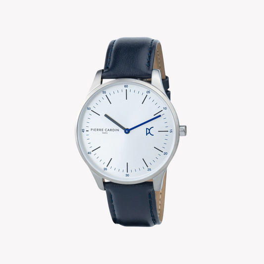 Pierre Cardin Men's Silver Watch, Blue Leather Band | CBA.4001-0