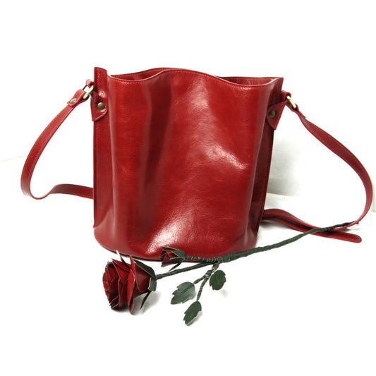Full grain leather shoulder bag with leather red rose-0
