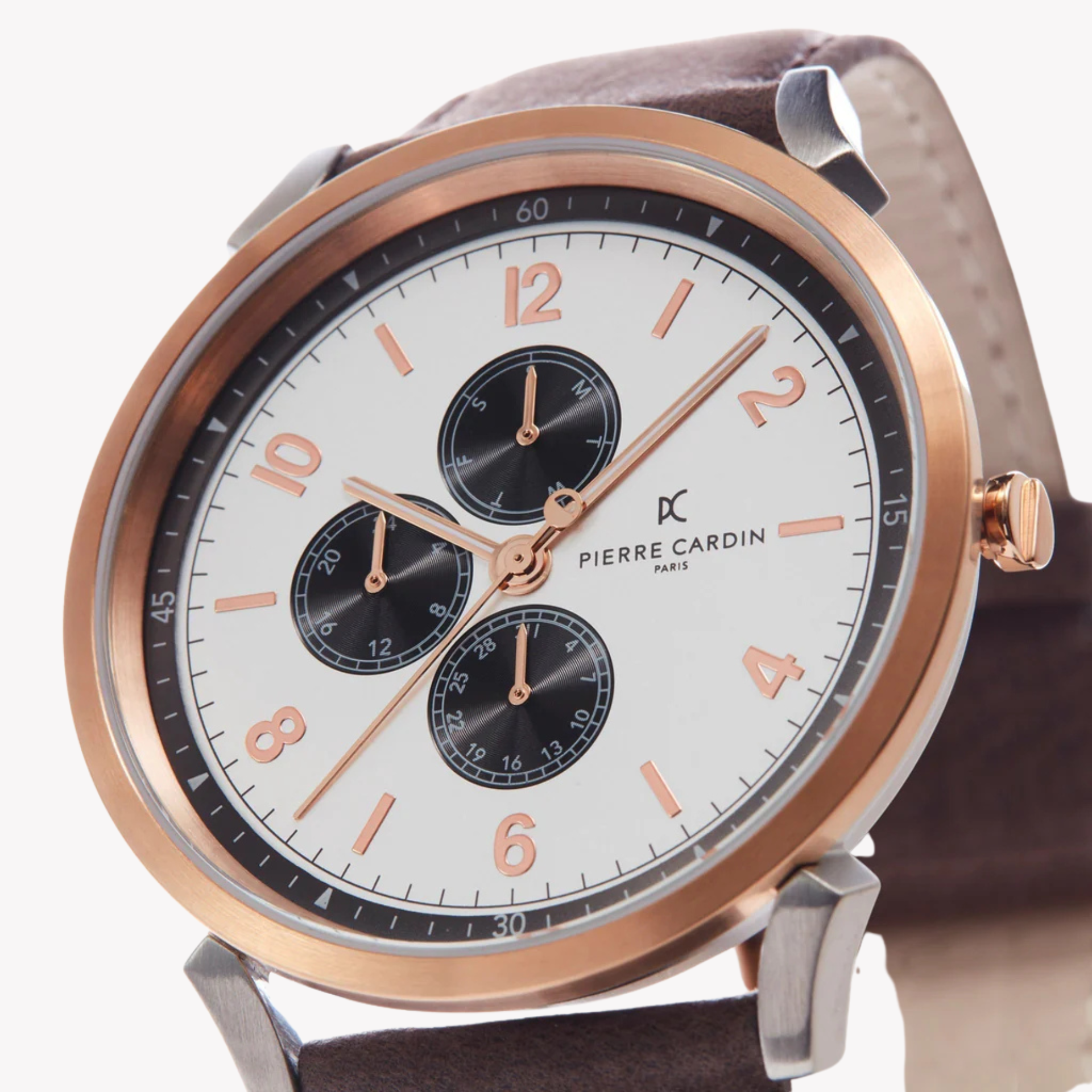 Pierre Cardin Men's Silver & Rose Gold Watch, Brown Leather | CPI.2022-1