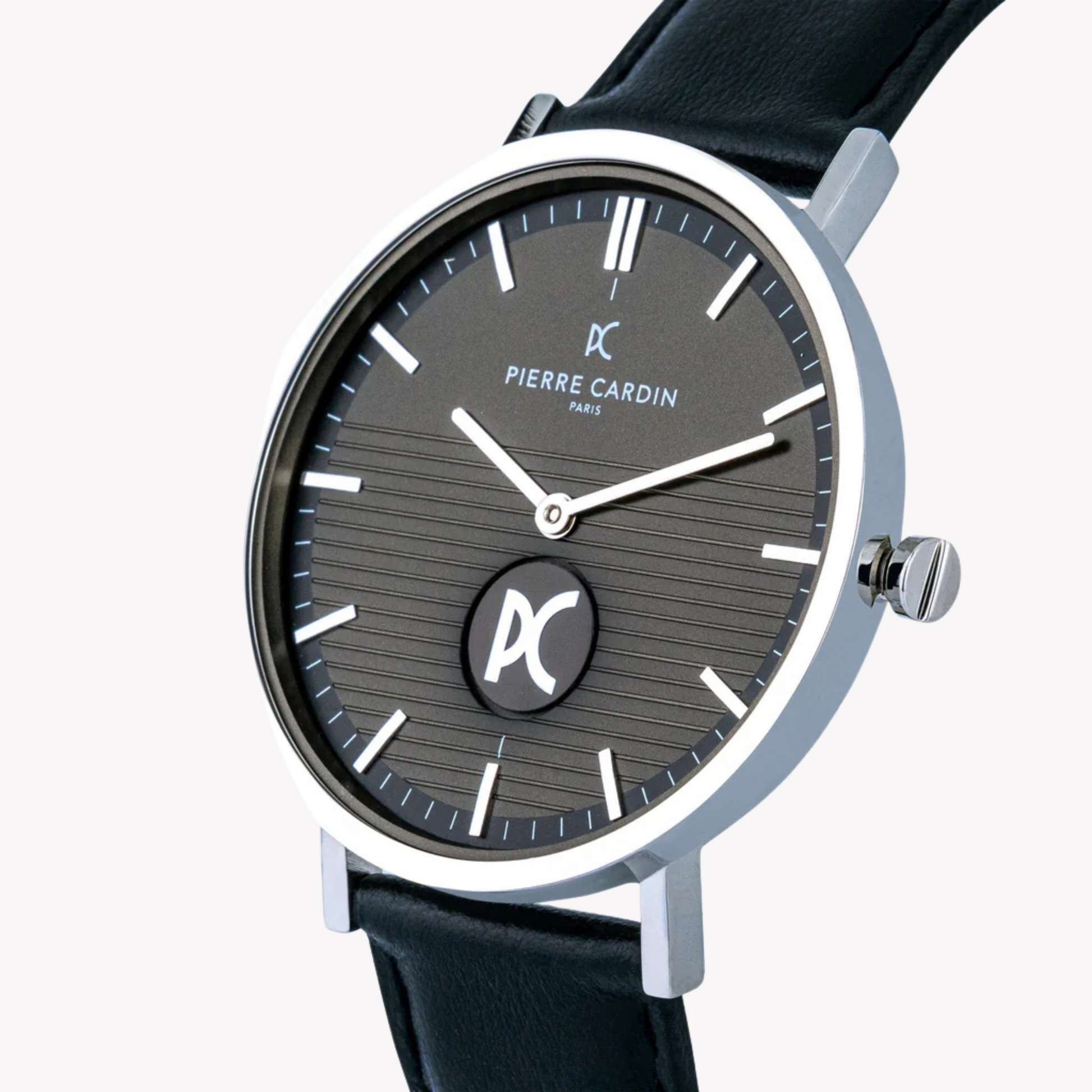 Pierre Cardin Men's Black Leather Watch, Silver Case | CBV.1049-1