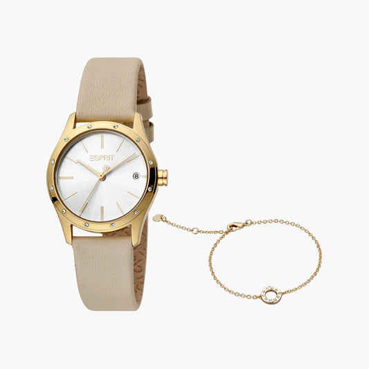 Esprit Women's Beige Leather Watch, Silver Dial | ES1L084M0015-0
