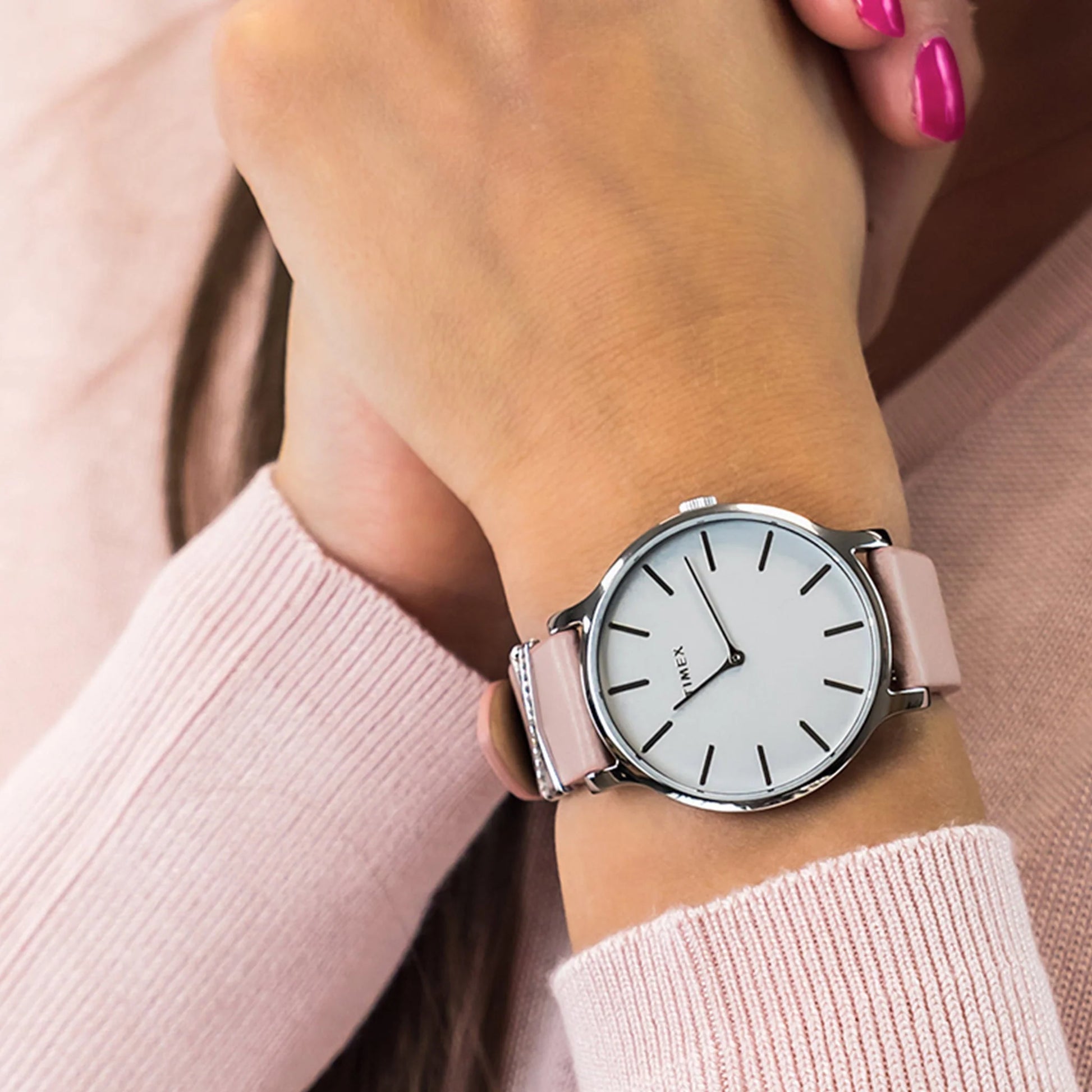 Timex Women's Pink Leather Watch, White Dial | TW2T47900-4