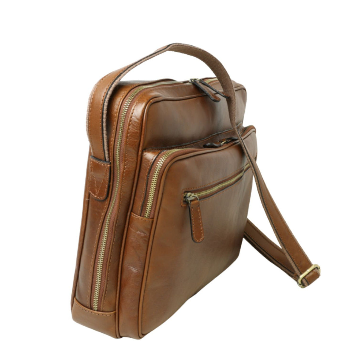Large leather bag with zip closures -Chestnut-1