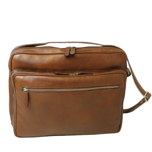 Large leather bag with zip closures -Chestnut-0