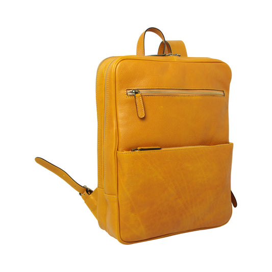 Leather back pack with backside troller strap - yellow ocher-0