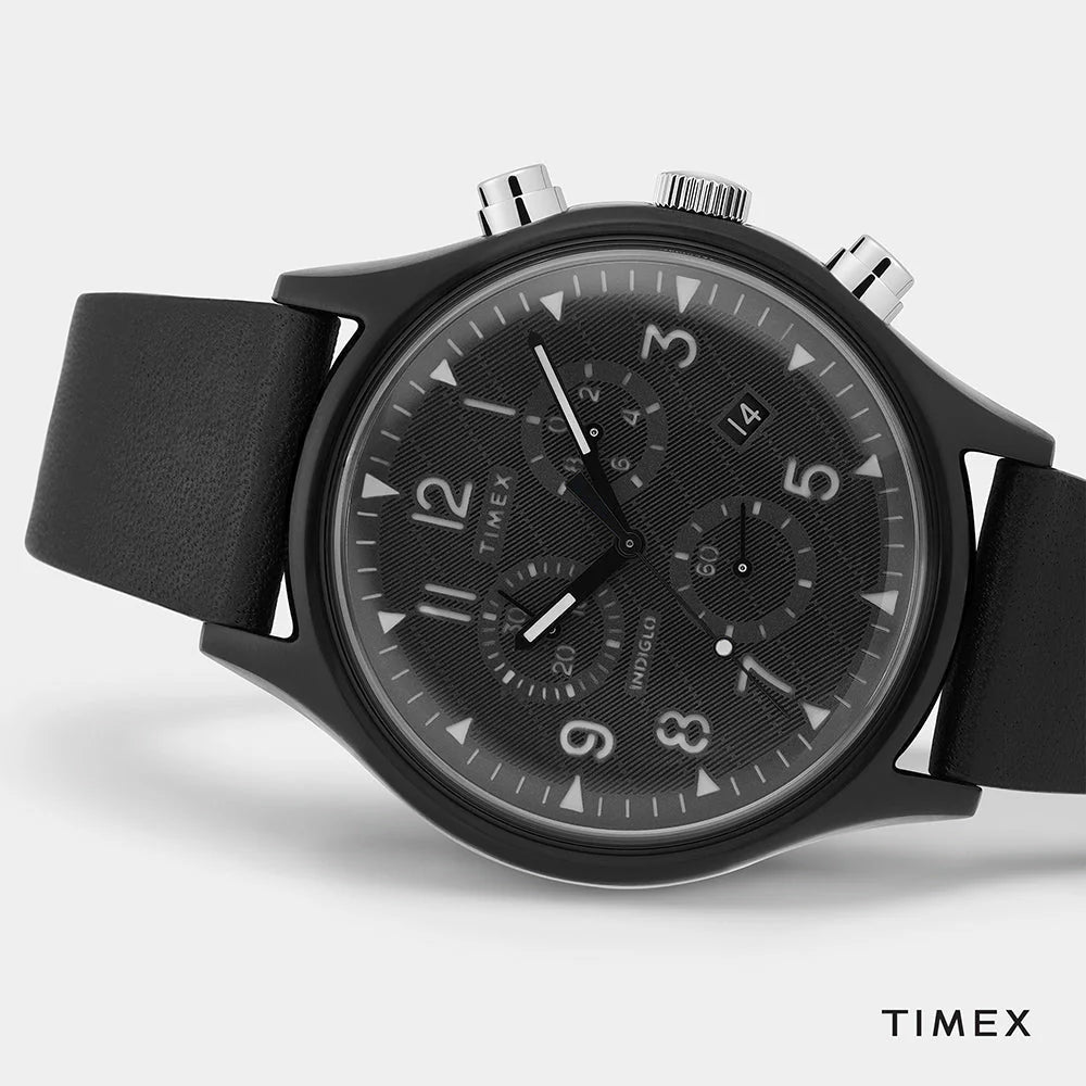 Timex Men's Black Leather Watch, Black Dial | TW2T29500-4