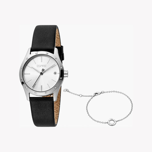 Esprit Women's Black Leather Watch, Silver Dial | ES1L000M0065-0