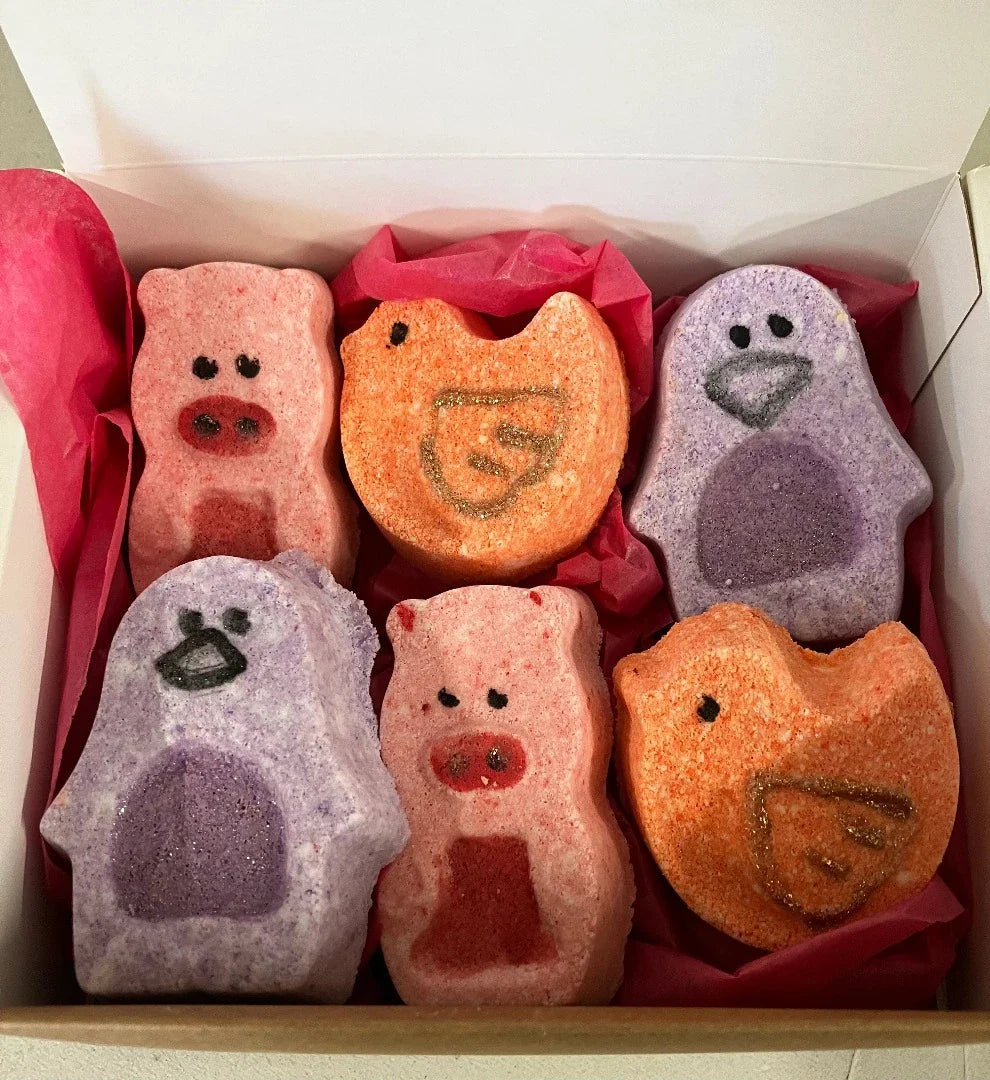 Animal Crackers Bath Bombs in an Eco-Kraft Brown Gift Box with Paper Ribbon, 6 Animal Bath Bombs-0