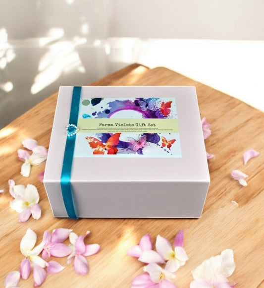 Parma Violets Handmade Bath and Beauty Gift Set Containing Bath Fluff, Jumbo Shea Bath Bomb, Body Butter and Bath Dust-0