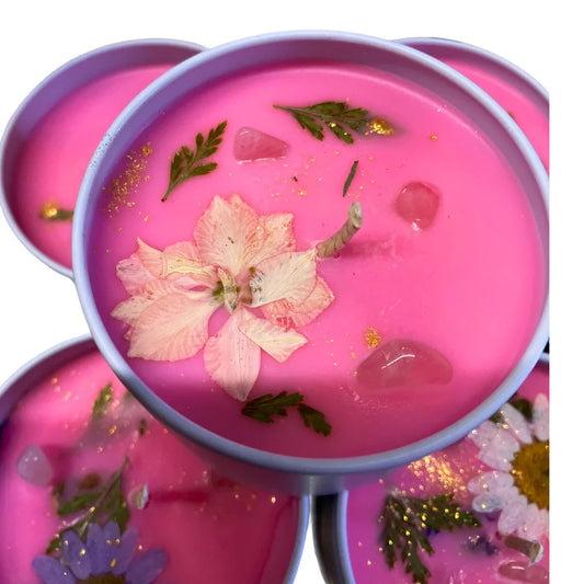 Heal and Soothe Juniper, Lime and Ylang Oils Eco Soy Candle with Rose Quartz Crystals and Botanicals 100ml Tin-0