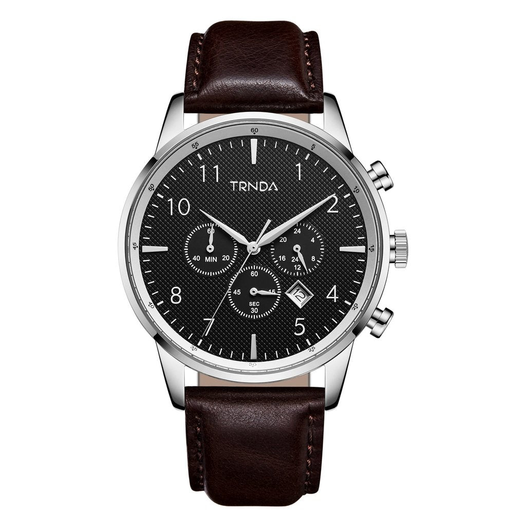 TRNDA Men's Stainless Steel Watch, Brown Leather Band | TM12345-0