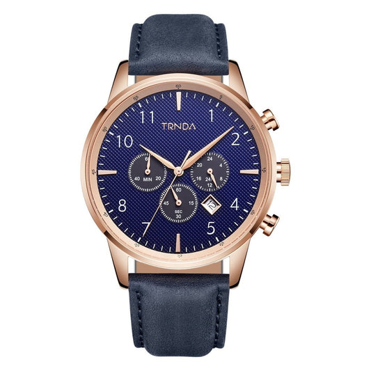 TRNDA Men's Rose Gold Stainless Steel Watch, Blue Leather Band | TRN-43RGLB-0