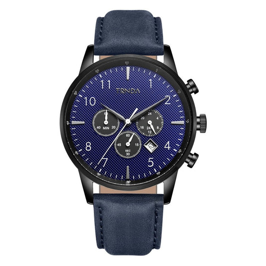 TRNDA Men's Black Stainless Steel Watch, Blue Leather Band | TRN-43DBL-0