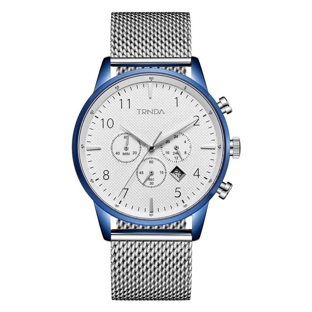 TRNDA Men's Blue Stainless Steel Watch, Silver Mesh Band | TRNDA-001-0