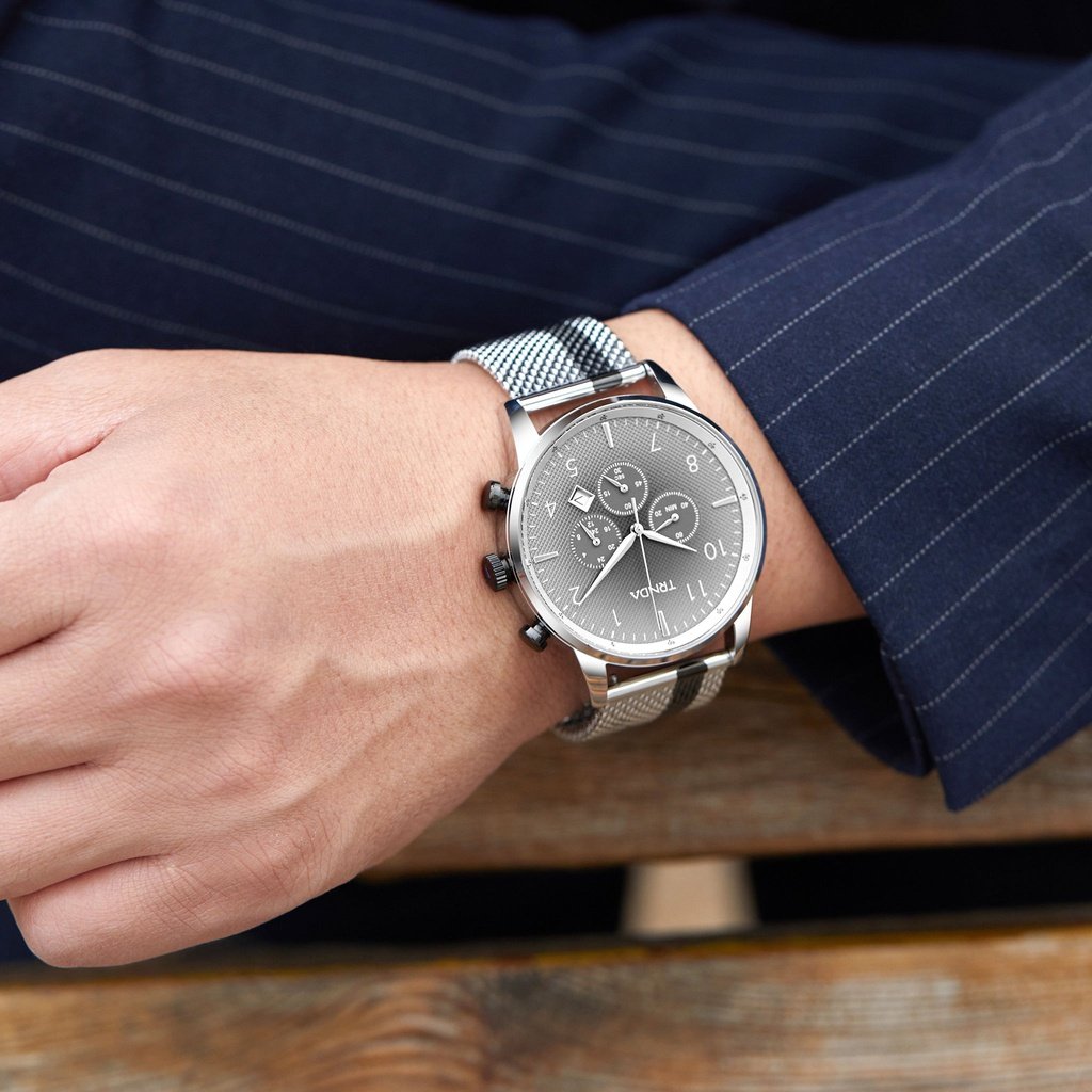 TRNDA Men's Stainless Steel Watch, Silver Mesh Band | TRN12345-1