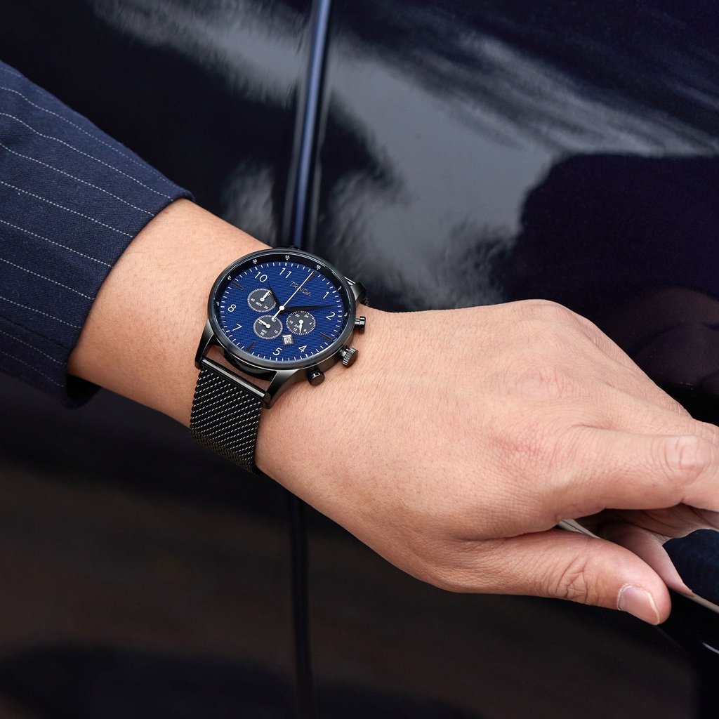 TRNDA Men's Black Stainless Steel Watch, Dark Blue Dial | TR43MBL-1