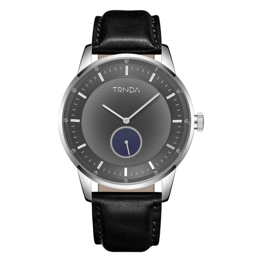 TRNDA Men's Stainless Steel Watch, Black Leather Band | TRN-W43-SL-0