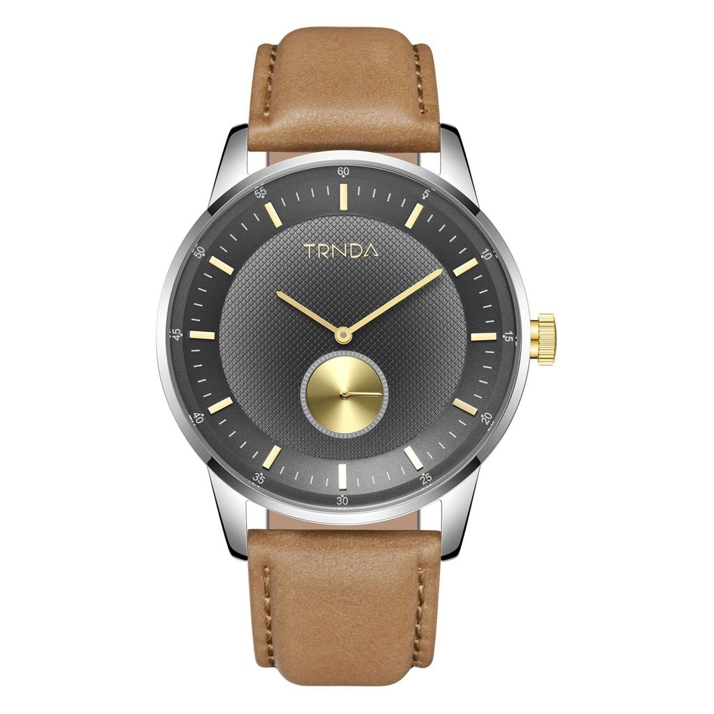 TRNDA Men's Stainless Steel Watch, Tan Leather Band | TRN-SS43-0