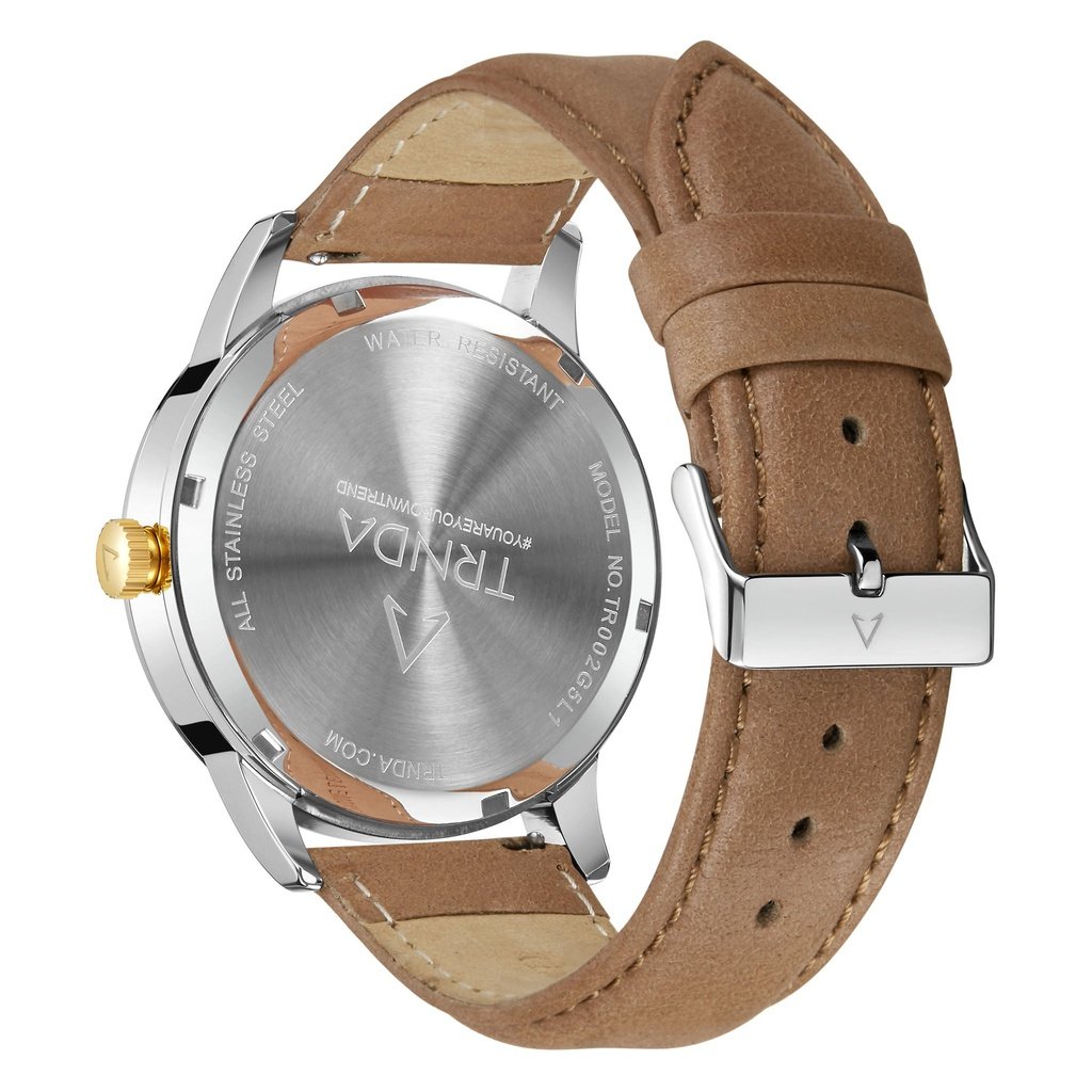 TRNDA Men's Stainless Steel Watch, Tan Leather Band | TRN-SS43-3
