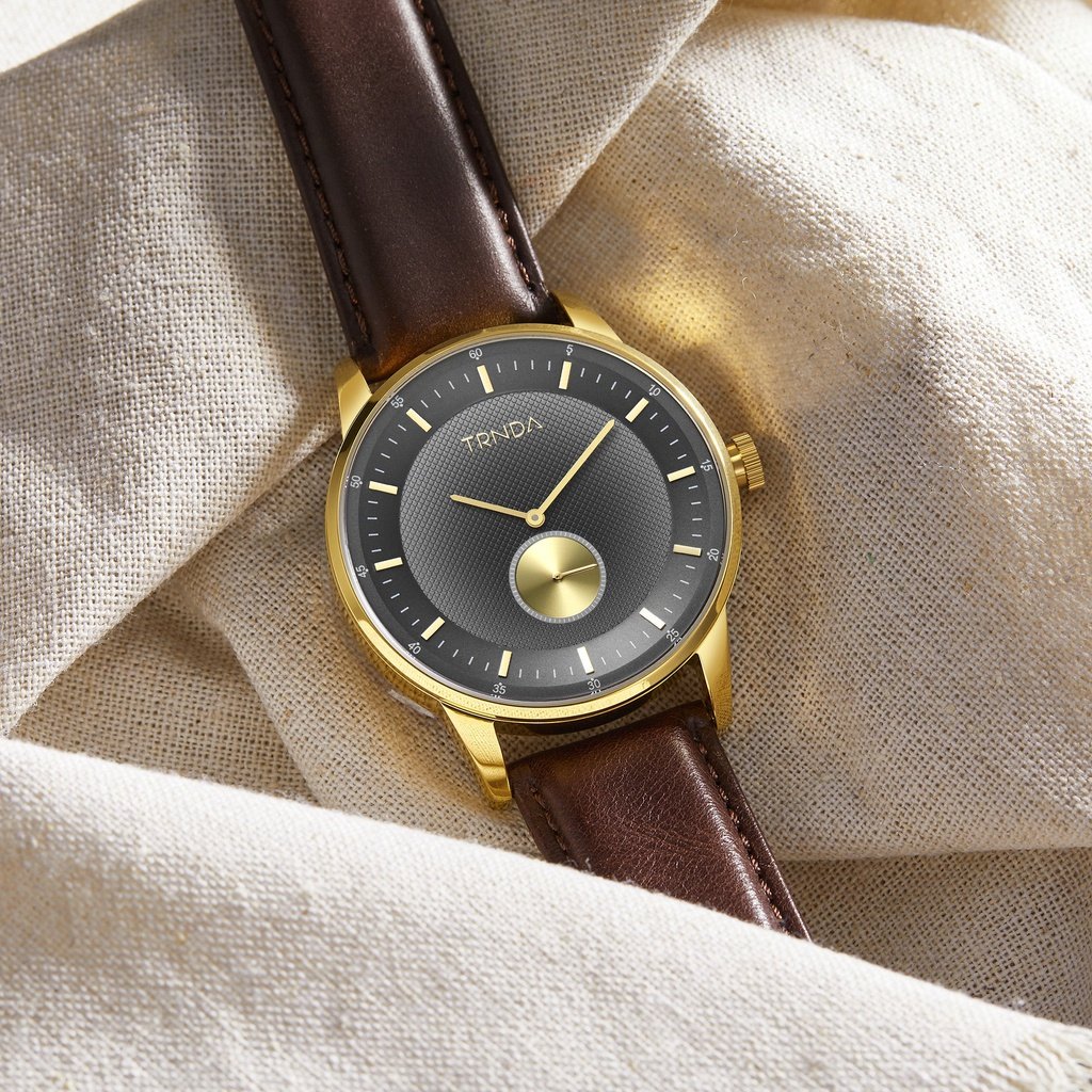 TRNDA Men's Stainless Steel Gold Watch, Brown Leather | TRNDA-43G-4