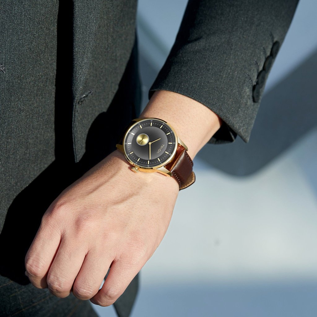 TRNDA Men's Stainless Steel Gold Watch, Brown Leather | TRNDA-43G-1