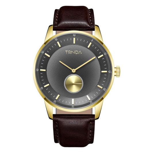 TRNDA Men's Stainless Steel Gold Watch, Brown Leather | TRNDA-43G-0