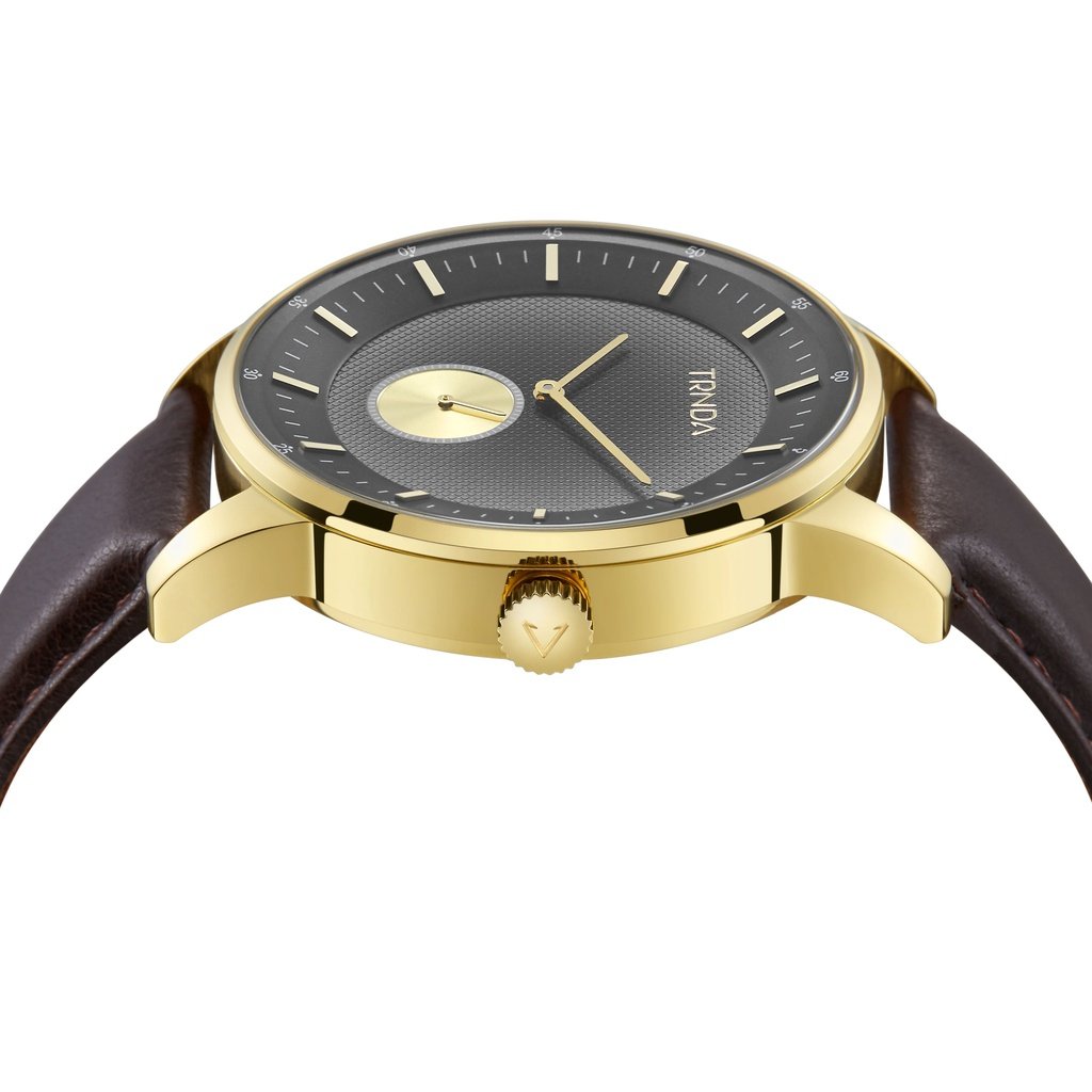 TRNDA Men's Stainless Steel Gold Watch, Brown Leather | TRNDA-43G-2