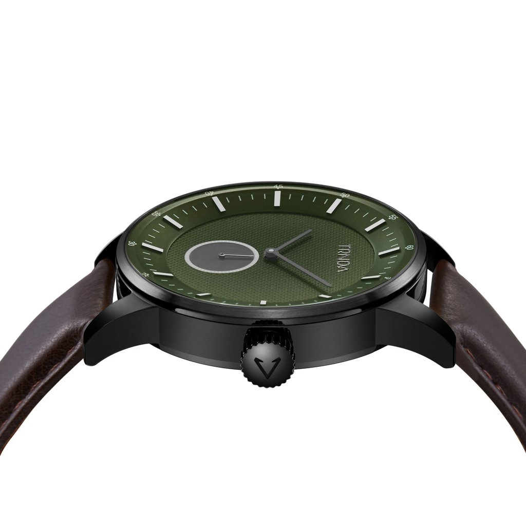 TRNDA Men's Stainless Steel Black Watch, Leather Band | TRN-SS43BLK-2