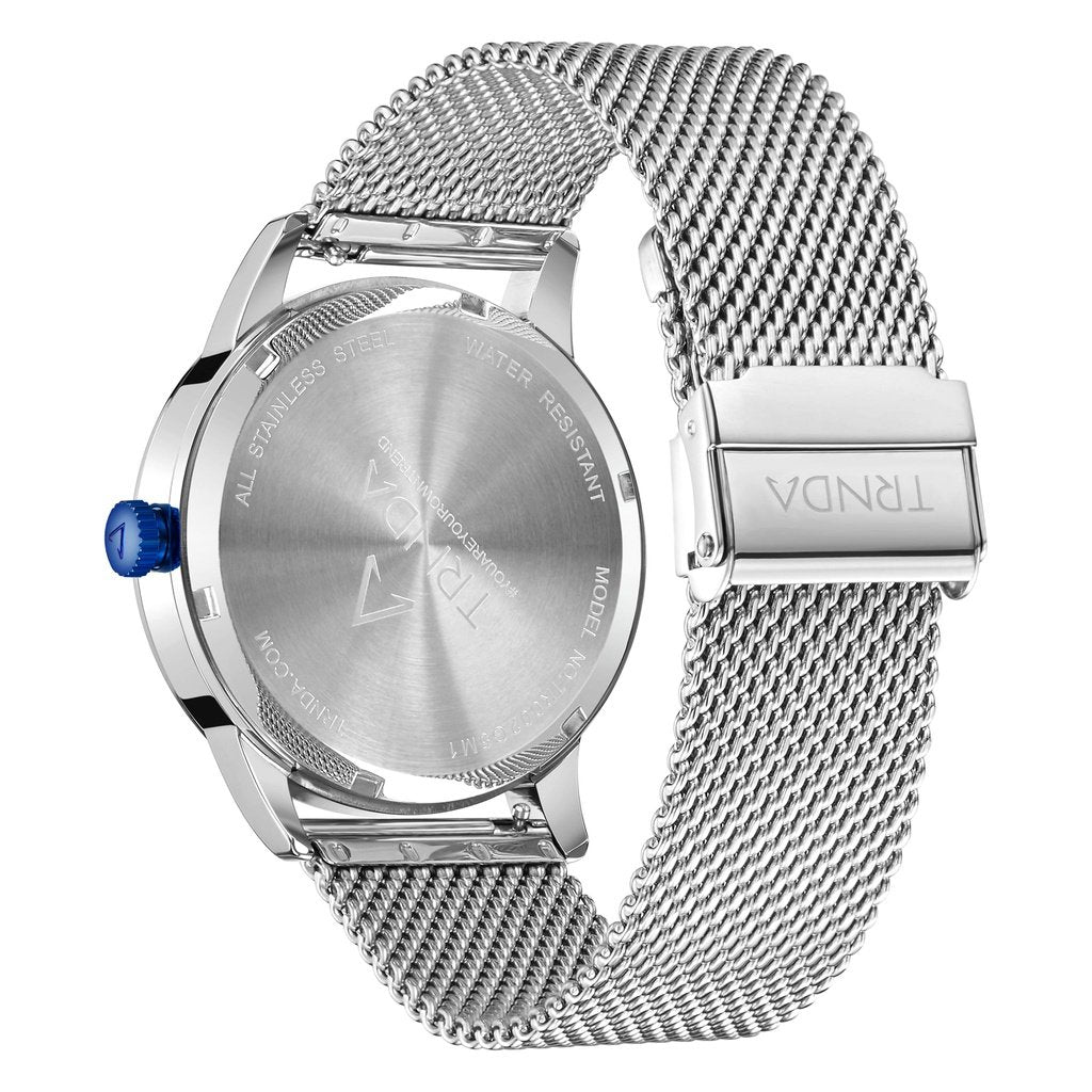 TRNDA Men's Stainless Steel Blue Watch, Silver Mesh Band | TRNDA-001-3
