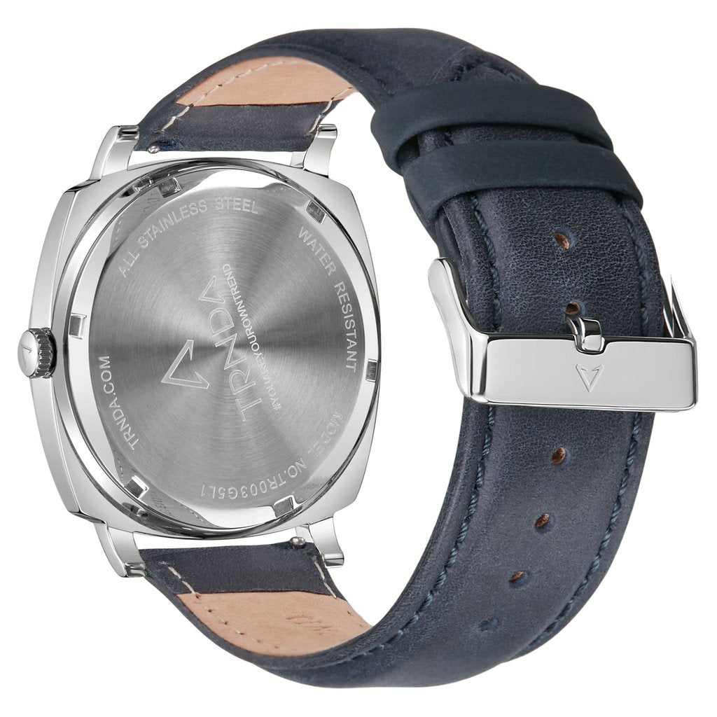 TRNDA Men's Stainless Steel Square Watch, Blue Leather Band | TRD45MM-3