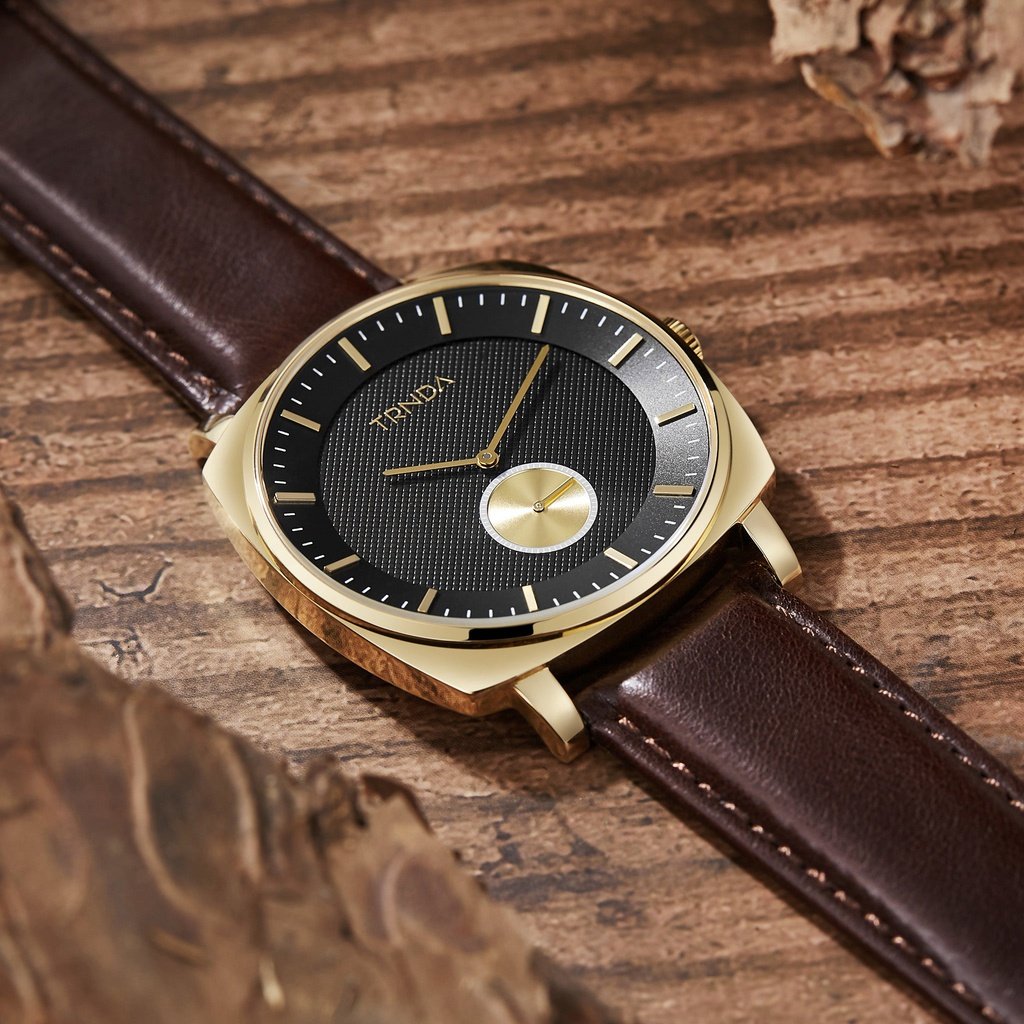 TRNDA Men's Stainless Steel Gold Watch, Brown Leather | TRN45MBL-4